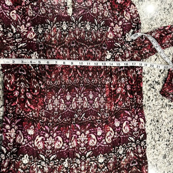 J. Jill Smocked Ikat Round Neck Tunic Blouse Top Purple Pink Small Boho Abstract - Picture 8 of 9